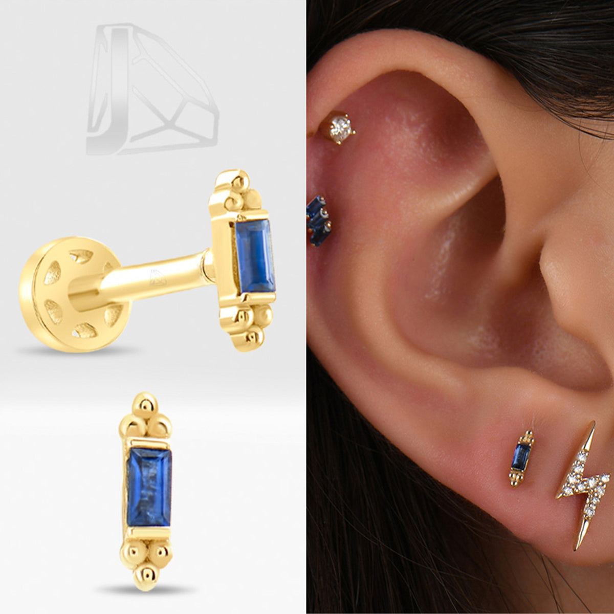 0,06 Karat Baget Safir Piercing · Sarı Altın