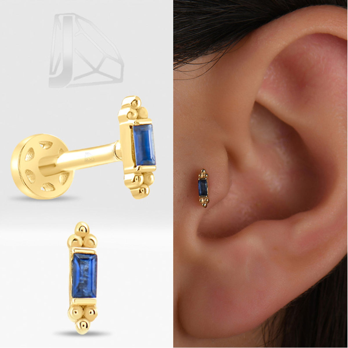 0,06 Karat Baget Safir Piercing · Sarı Altın