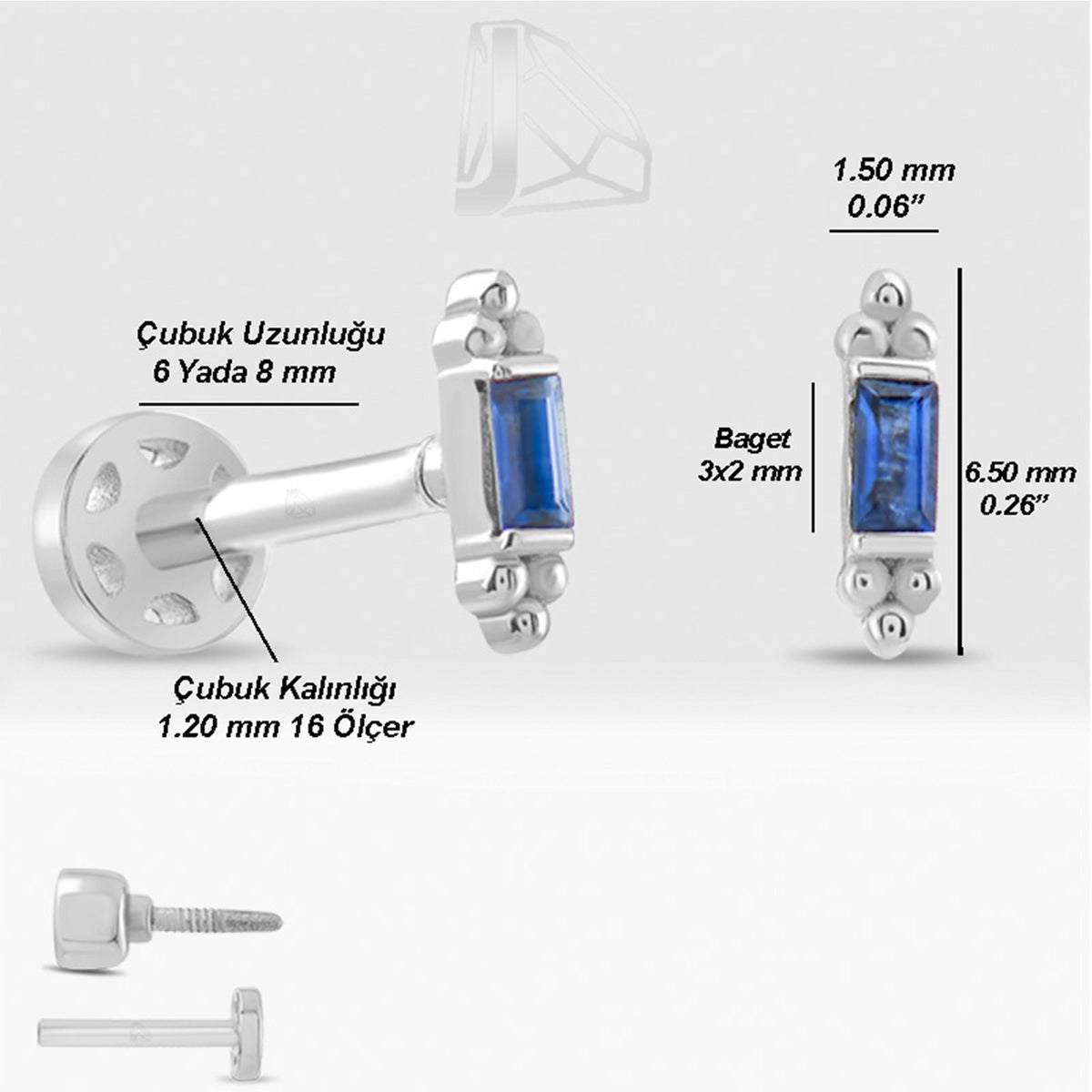 0,06 Karat Baget Safir Piercing · Beyaz Altın