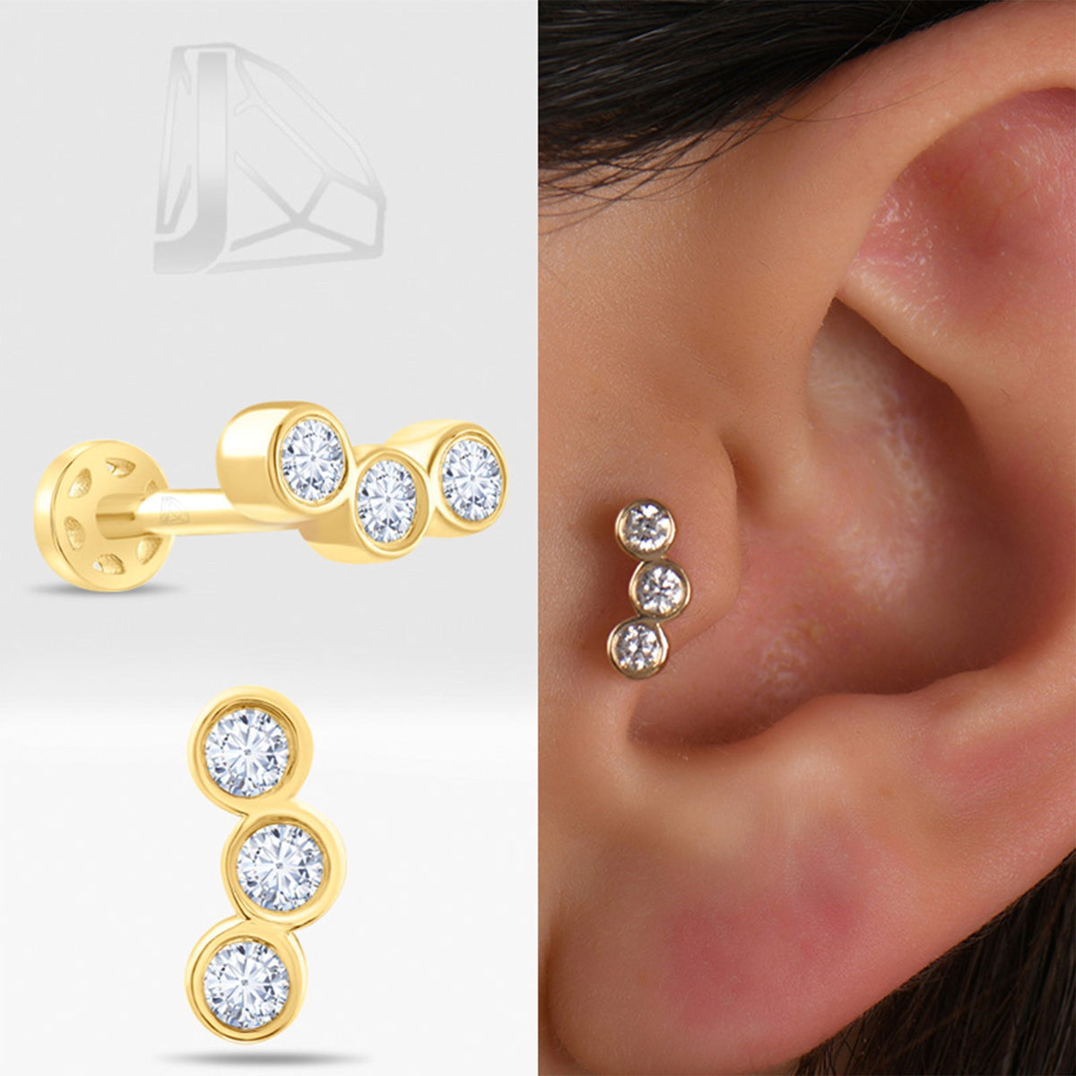 0,15 Karat Üç Taşlı Pırlanta Piercing · Sarı Altın