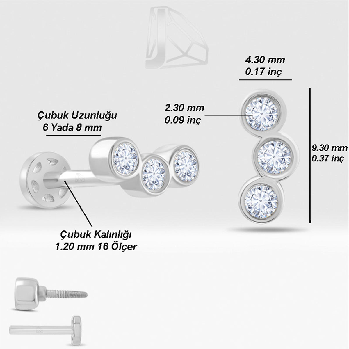 0,15 Karat Üç Taşlı Pırlanta Piercing · Beyaz Altın
