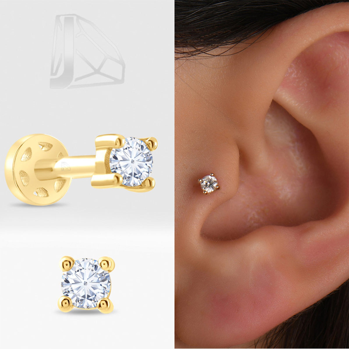 0,07 Karat Tektaş Pırlanta Piercing · Sarı Altın