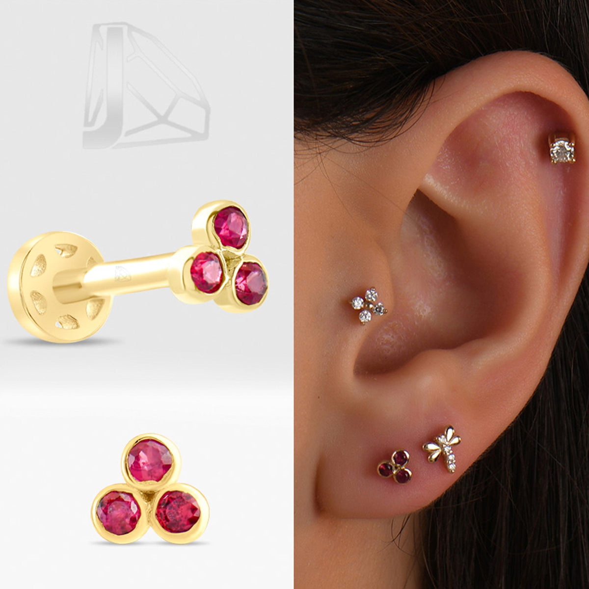 0,09 Karat Üç Taşlı Yakut Piercing · Sarı Altın