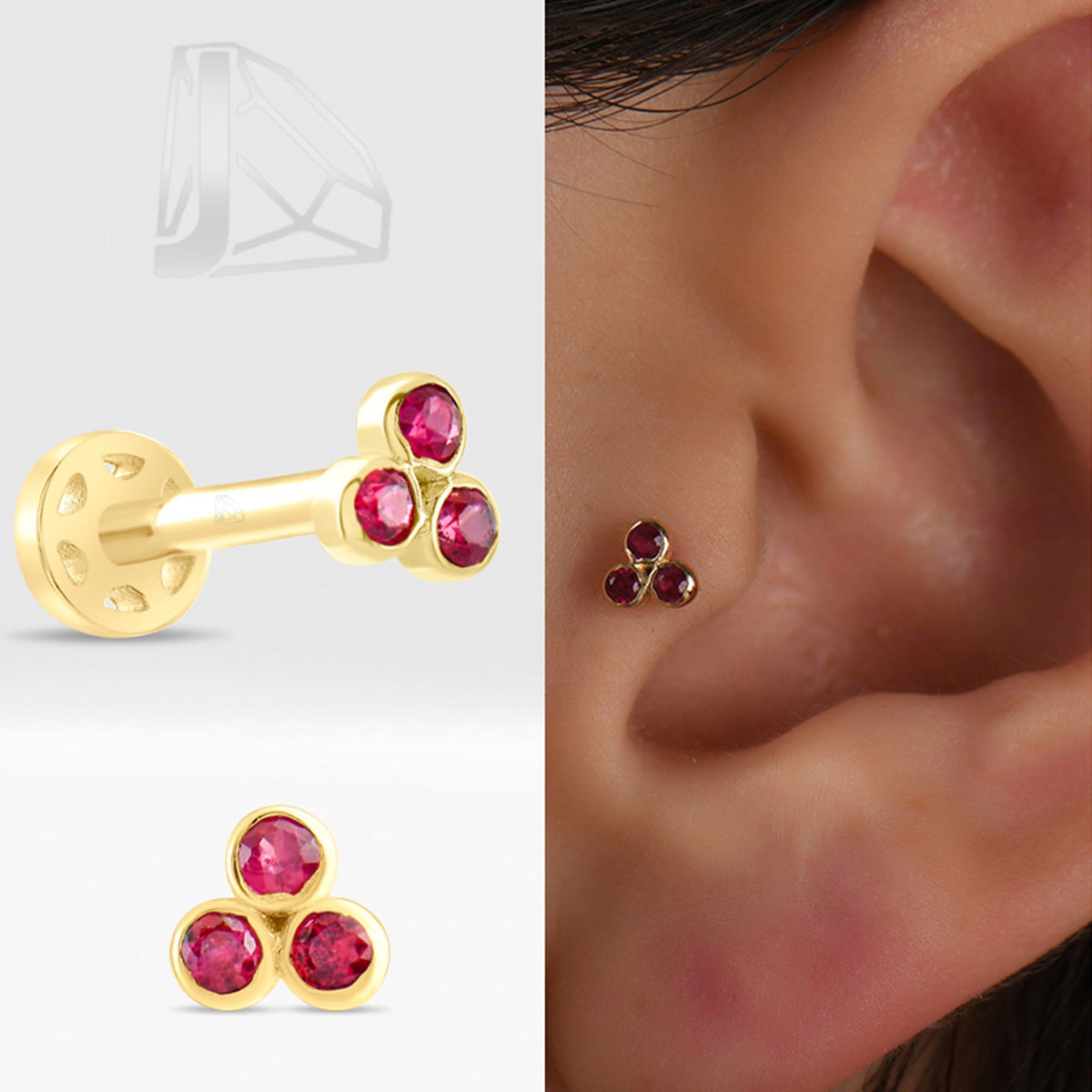 0,09 Karat Üç Taşlı Yakut Piercing · Sarı Altın