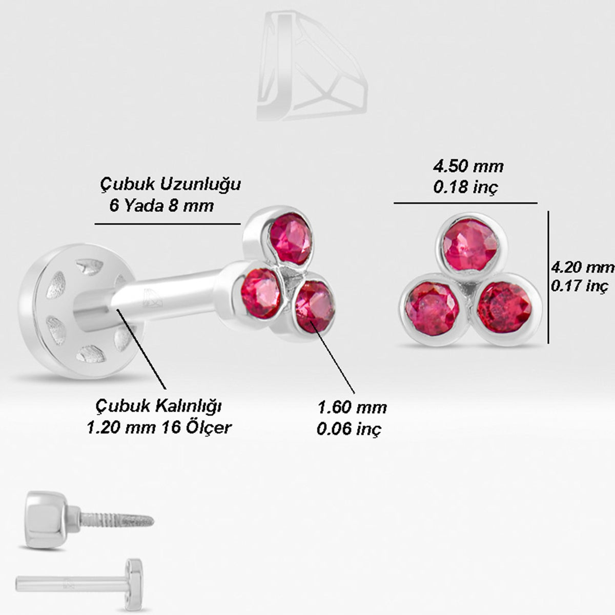 0,09 Karat Üç Taşlı Yakut Piercing · Beyaz Altın