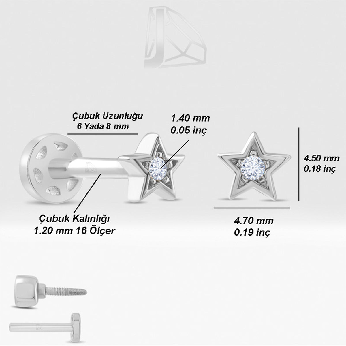 0,02 Karat Yıldız Pırlanta Piercing · Beyaz Altın