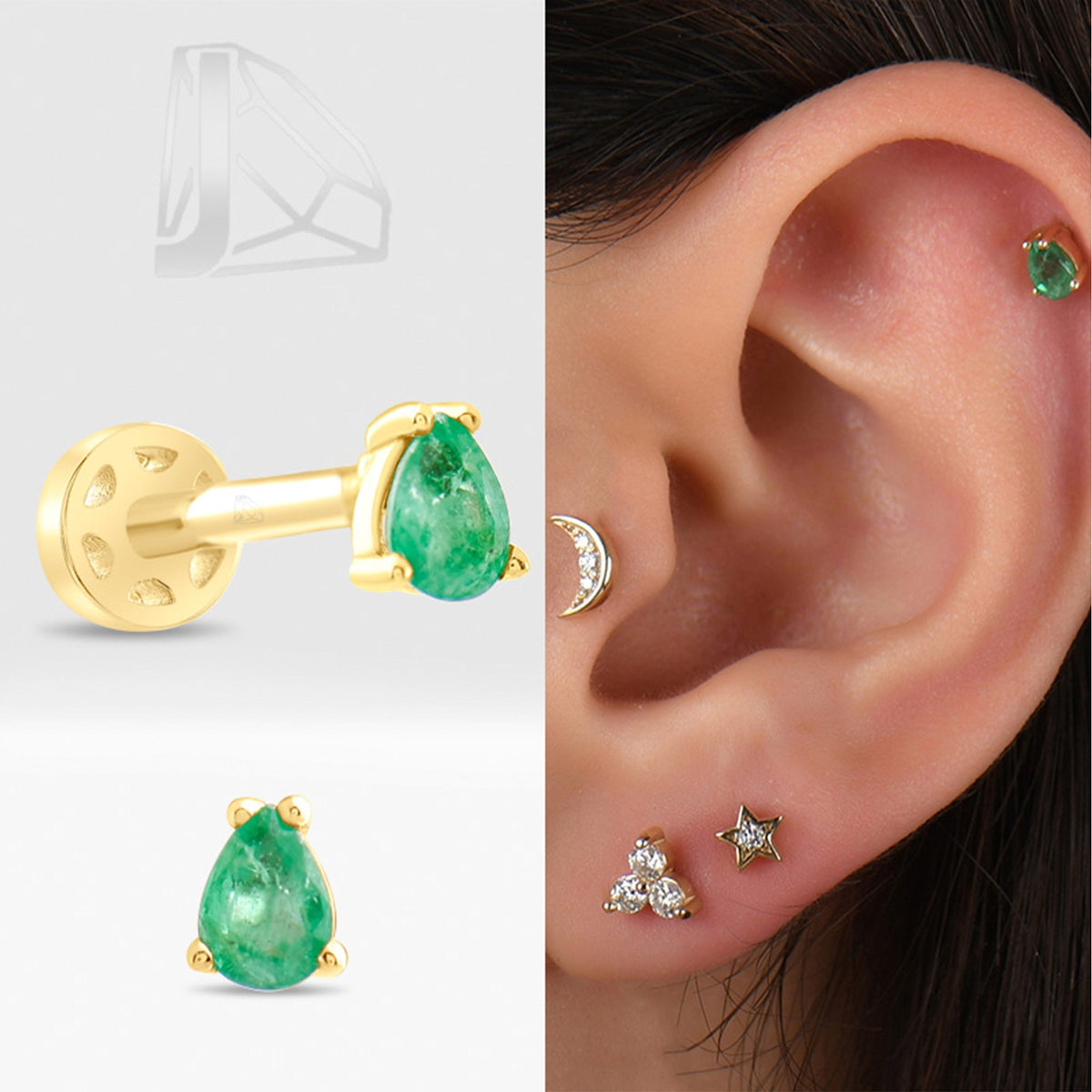 0,15 Karat Damla Zümrüt Piercing · Sarı Altın