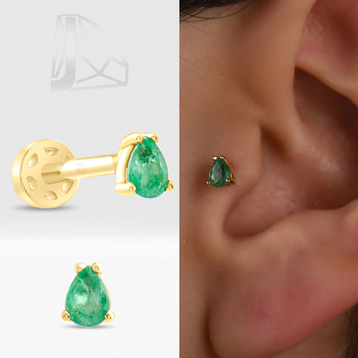0,15 Karat Damla Zümrüt Piercing · Sarı Altın