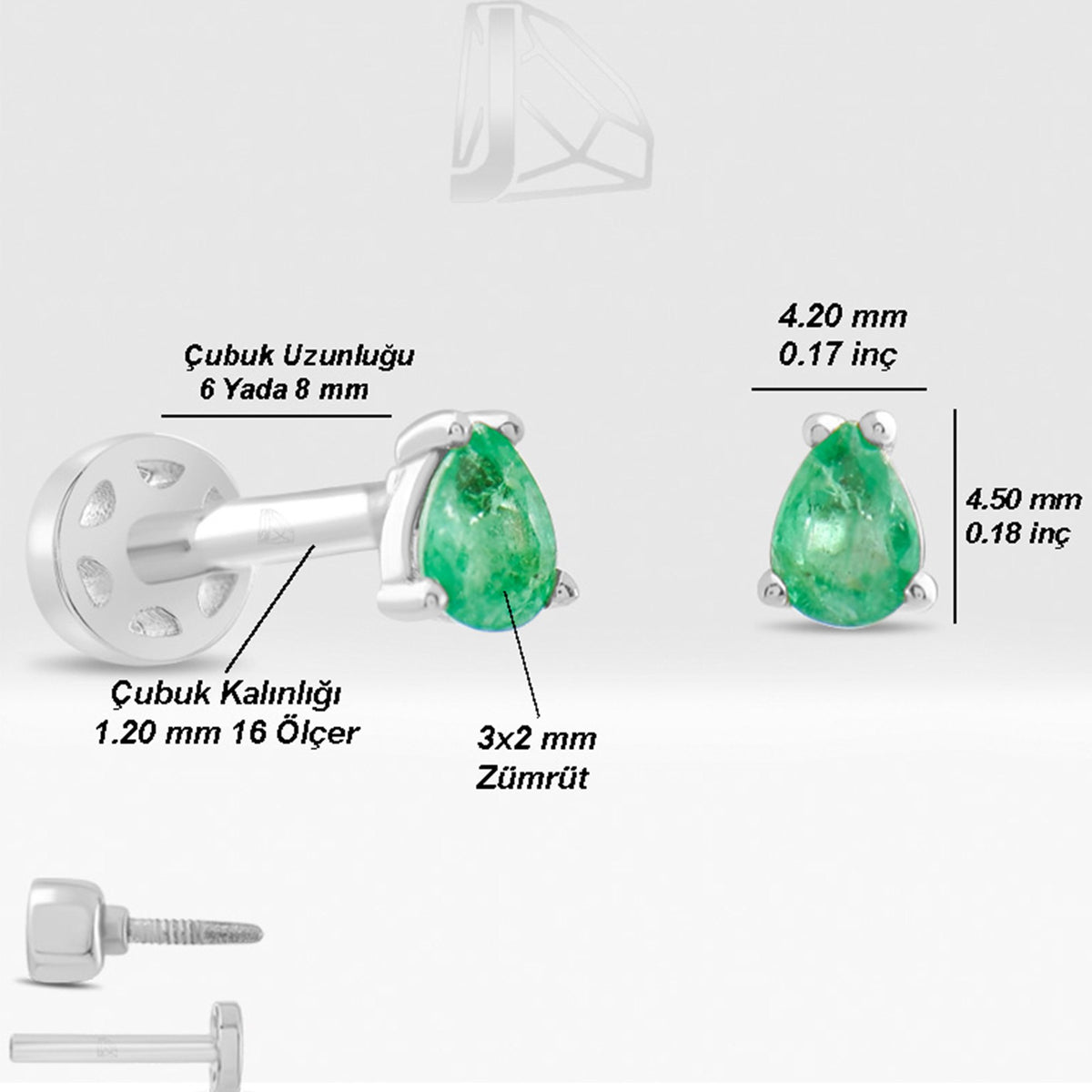 0,15 Karat Damla Zümrüt Piercing · Beyaz Altın