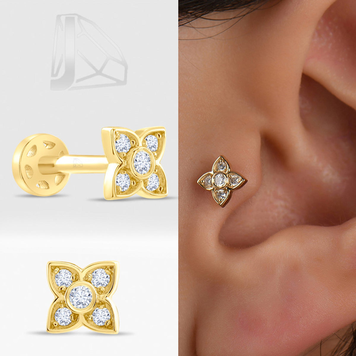 0,08 Karat Çiçek Pırlanta Piercing · Sarı Altın