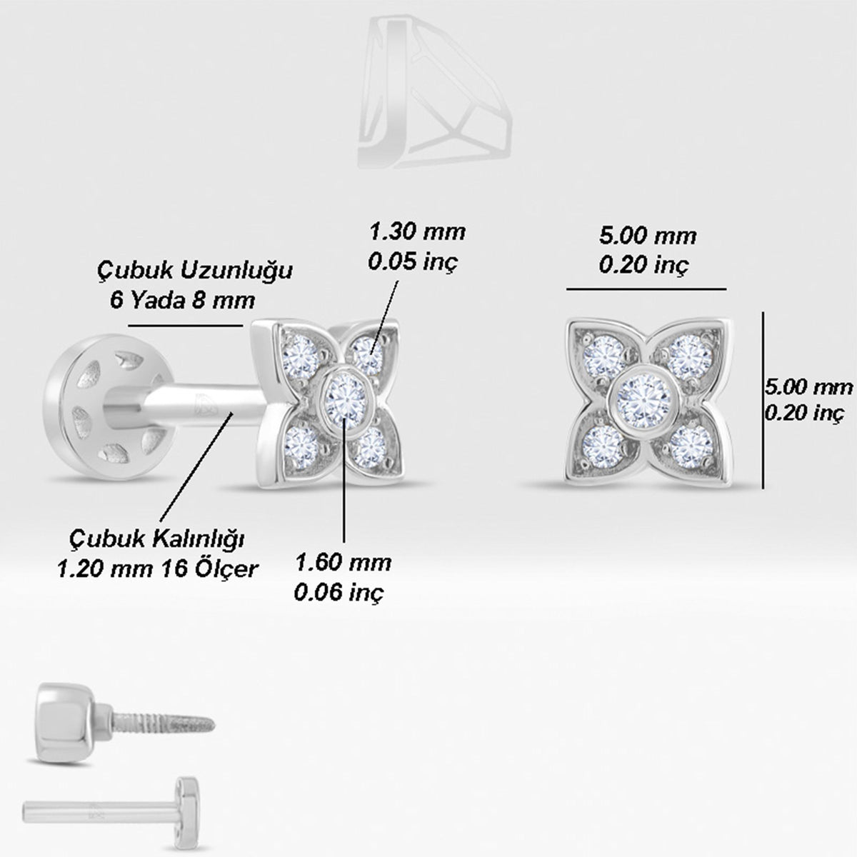 0,08 Karat Çiçek Pırlanta Piercing · Beyaz Altın