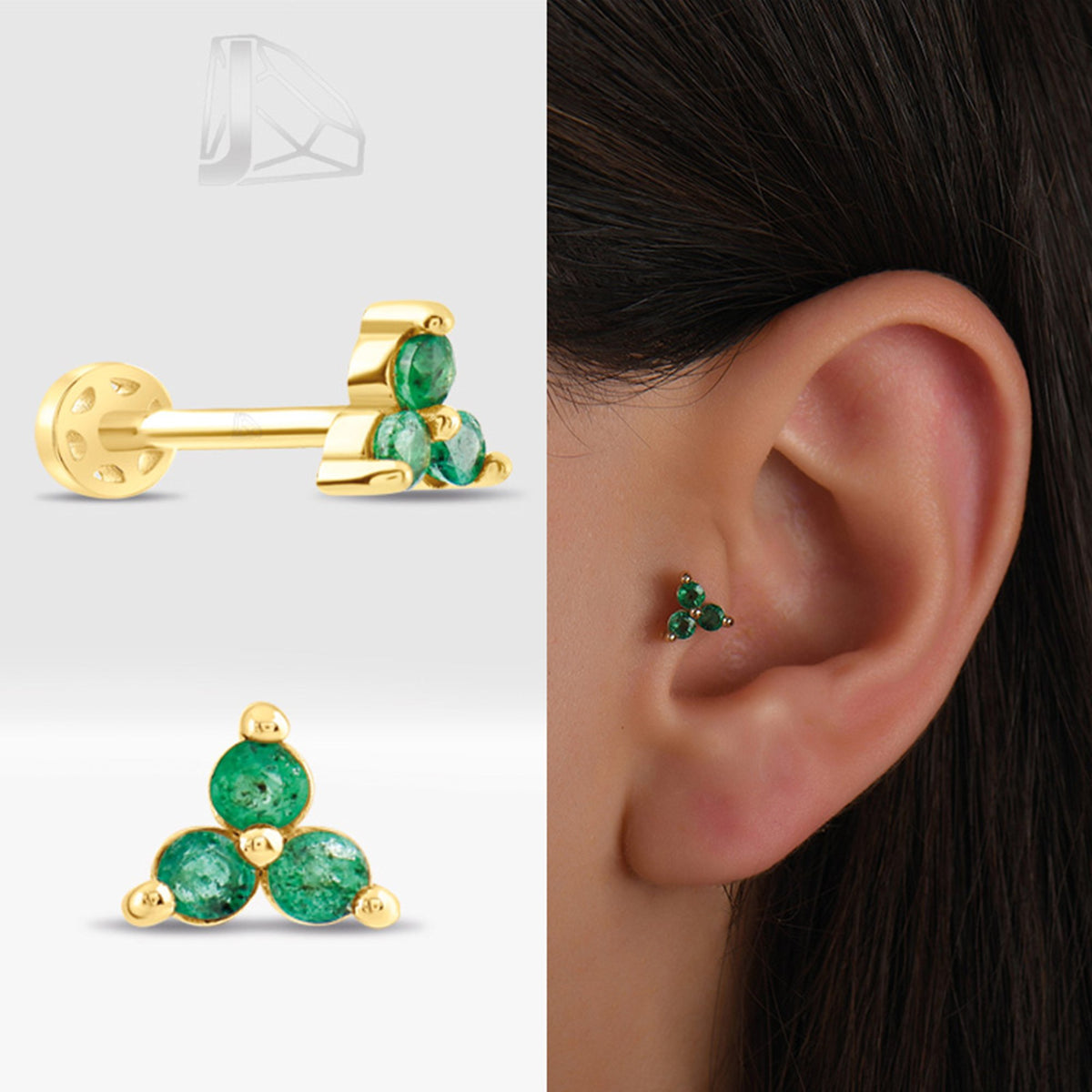 0,15 Karat Üç Taşlı Zümrüt Piercing · Sarı Altın