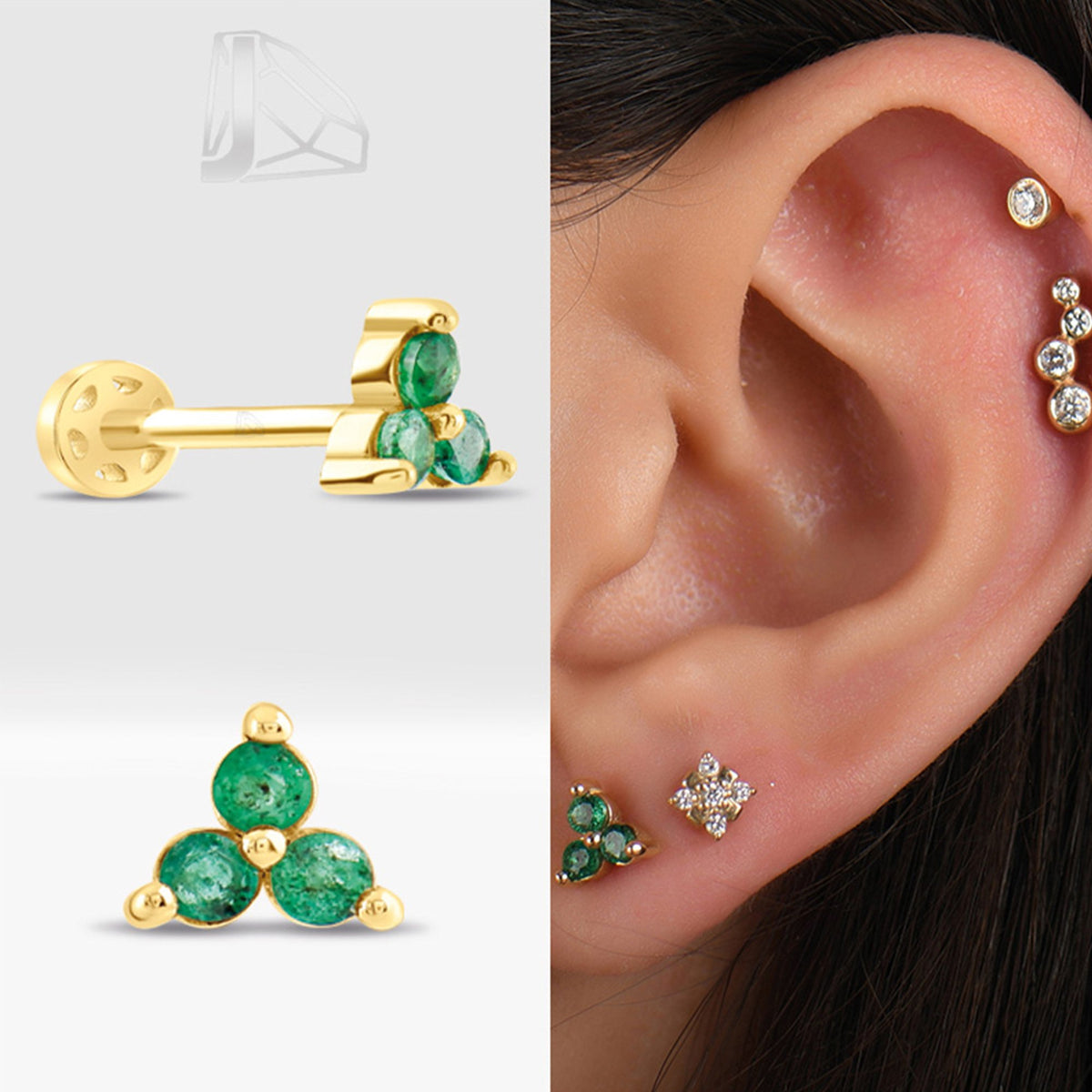 0,15 Karat Üç Taşlı Zümrüt Piercing · Sarı Altın