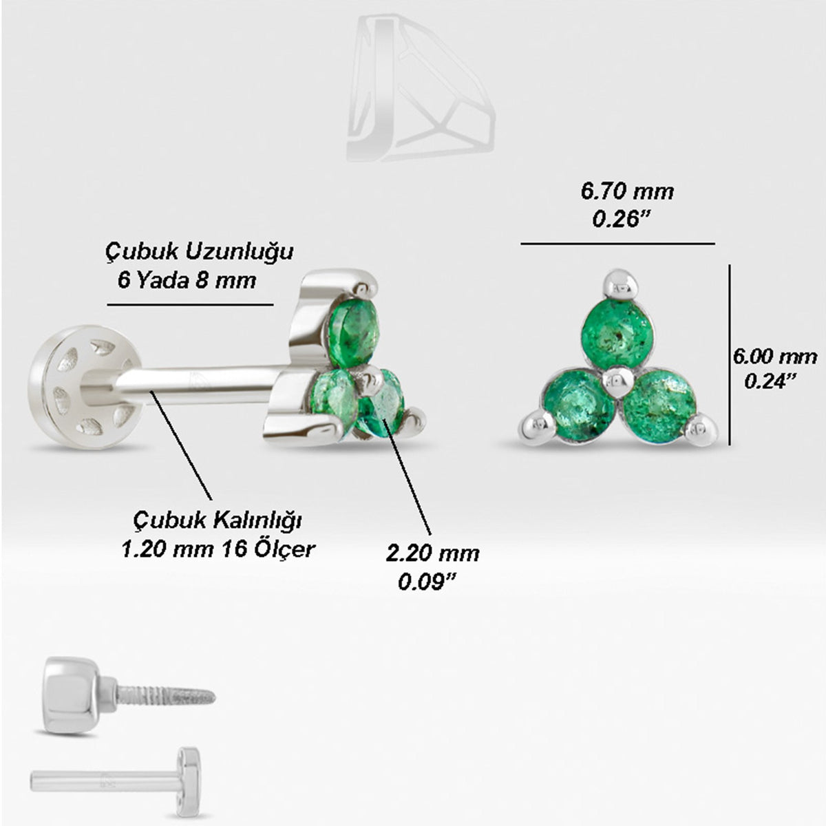 0,15 Karat Üç Taşlı Zümrüt Piercing · Beyaz Altın