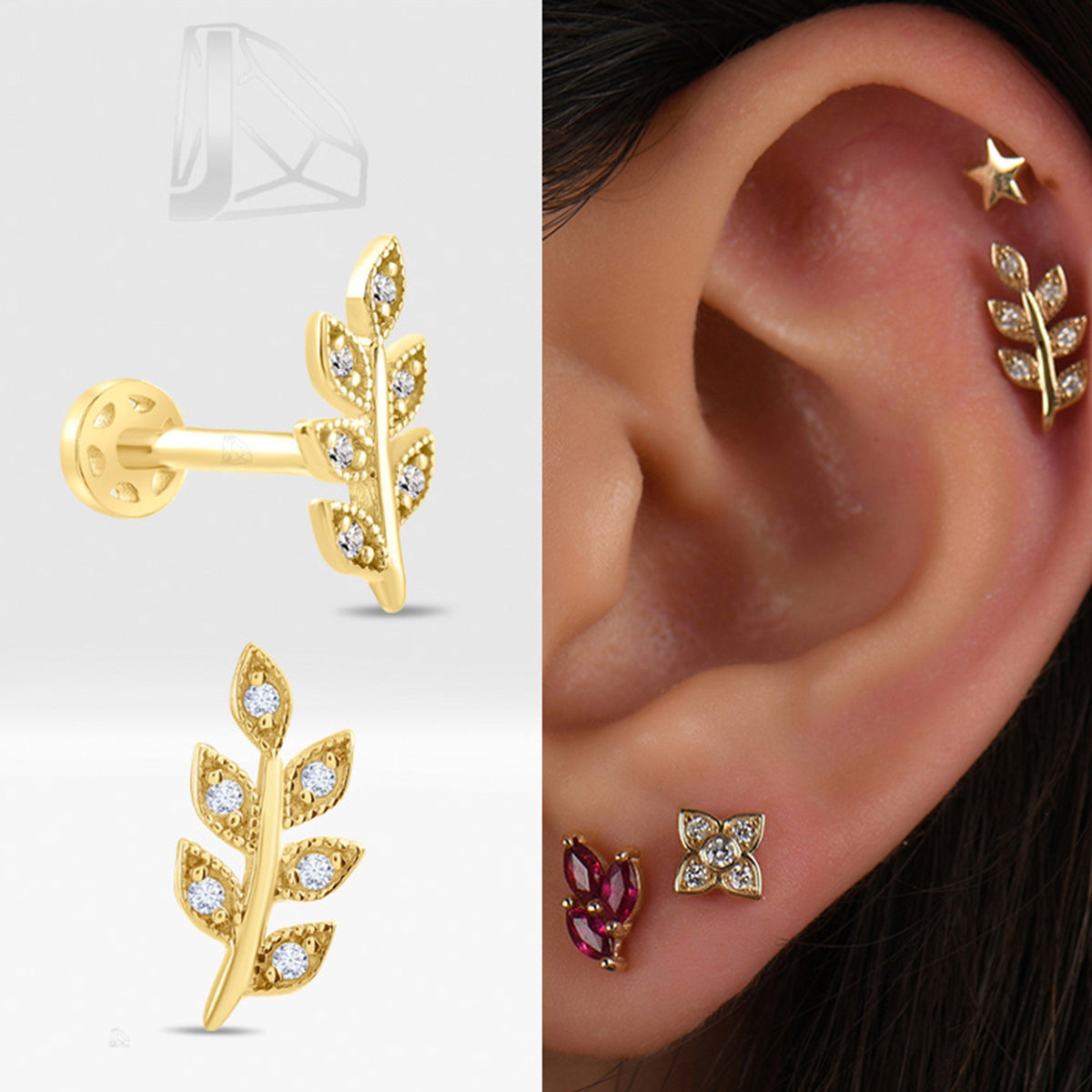 0,04 Karat Yaprak Pırlanta Piercing · Sarı Altın
