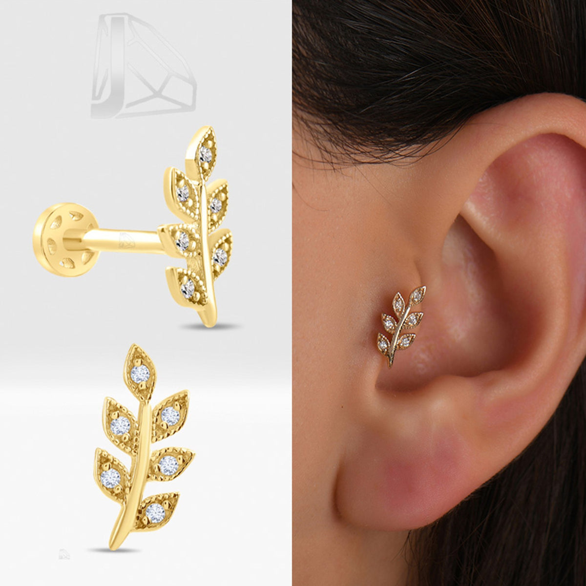 0,04 Karat Yaprak Pırlanta Piercing · Sarı Altın
