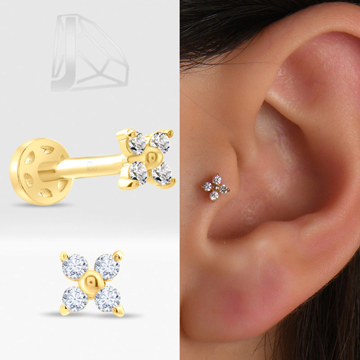 0,05 Karat Çiçek Pırlanta Piercing · Sarı Altın