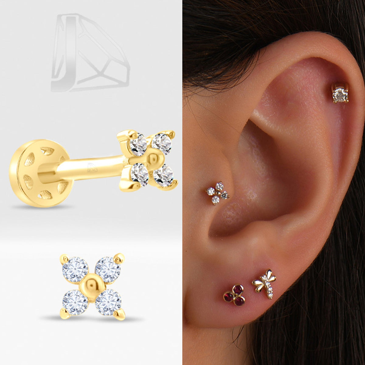 0,05 Karat Çiçek Pırlanta Piercing · Sarı Altın