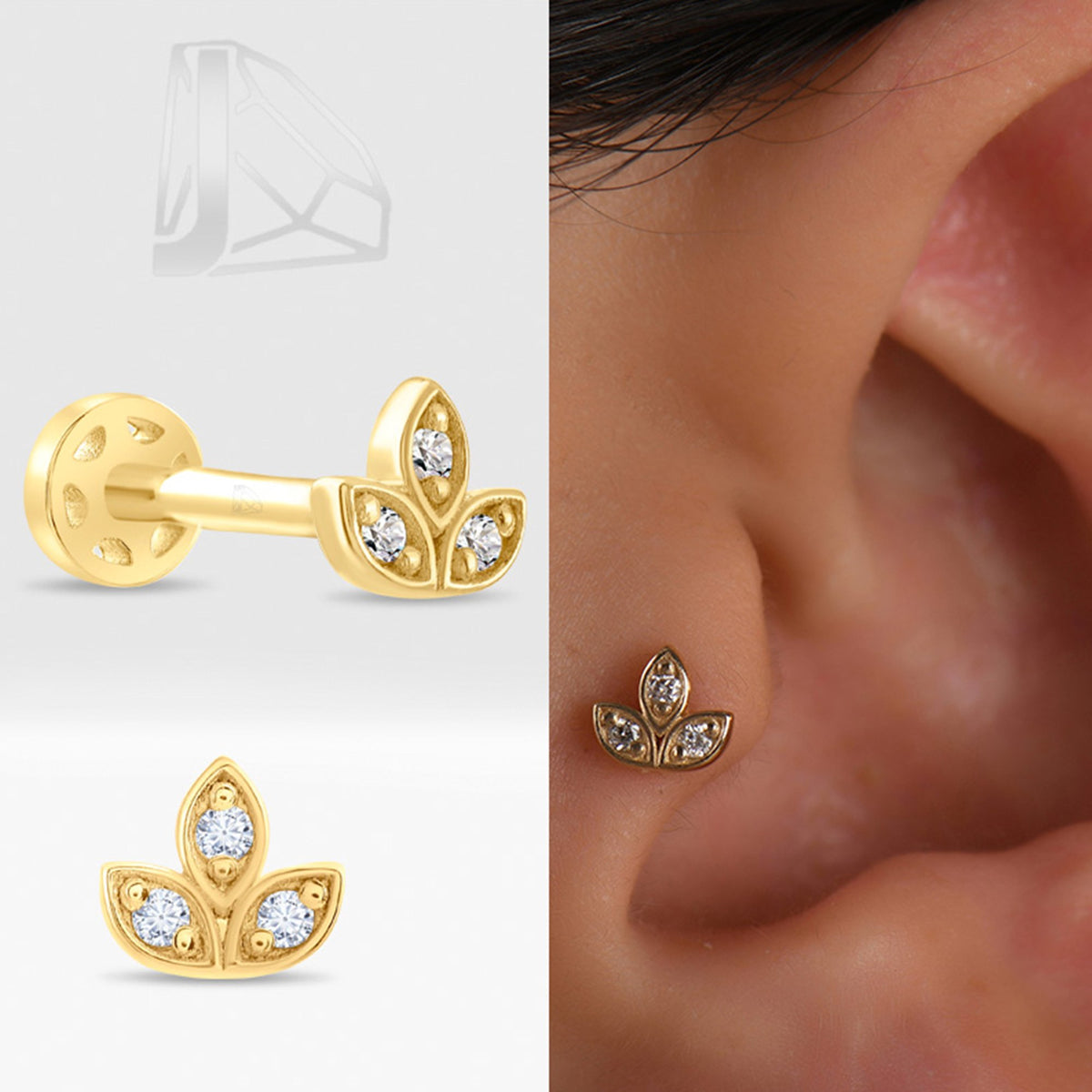 0,03 Karat Üç Yaprak Pırlanta Piercing · Sarı Altın