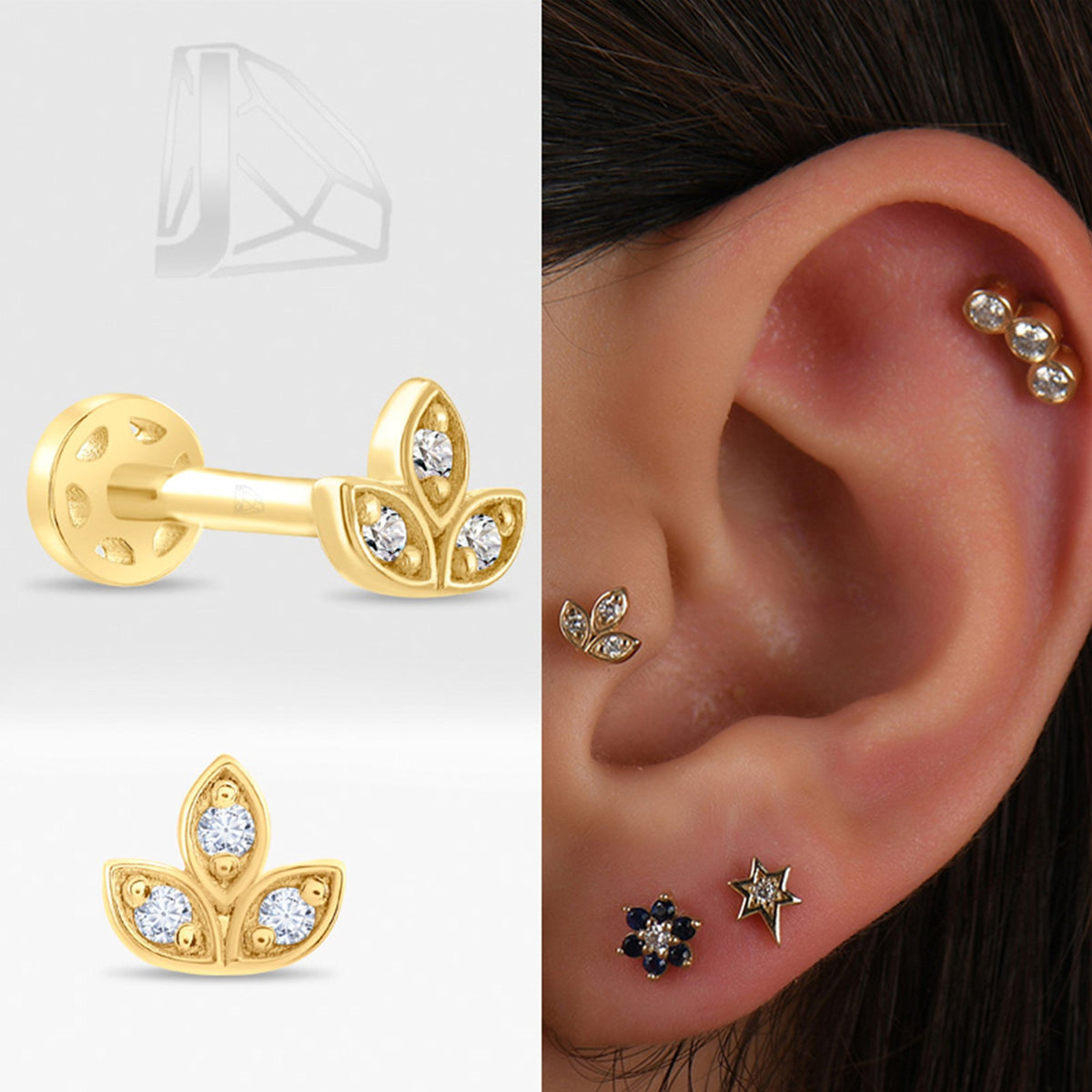 0,03 Karat Üç Yaprak Pırlanta Piercing · Sarı Altın