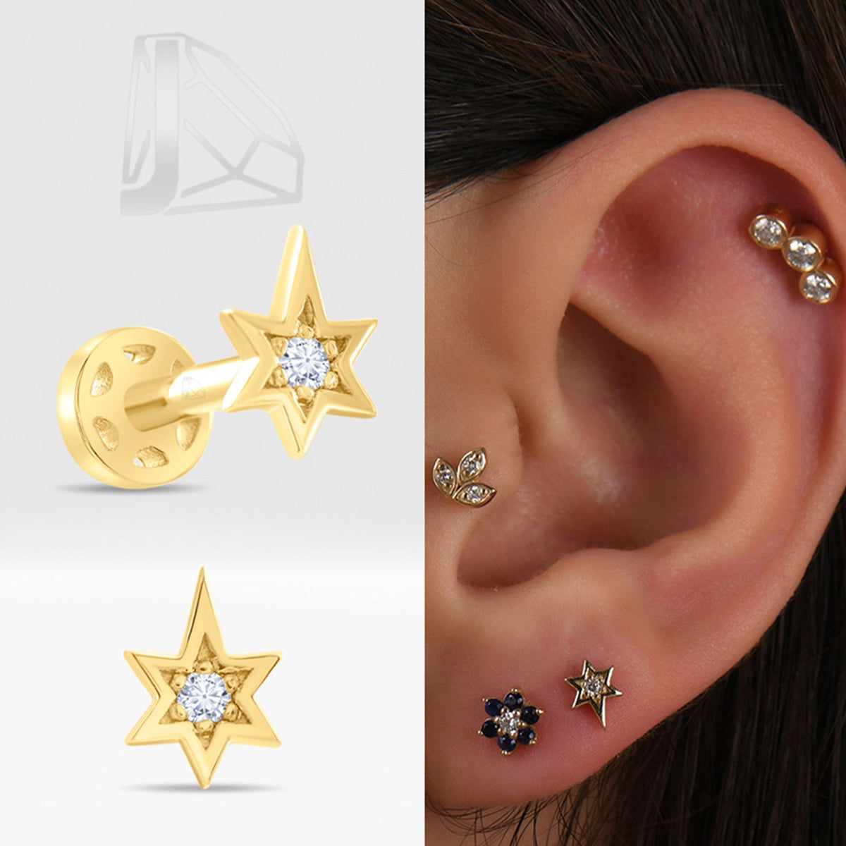 0,02 Karat Kuzey Yıldızı Pırlanta Piercing · Sarı Altın