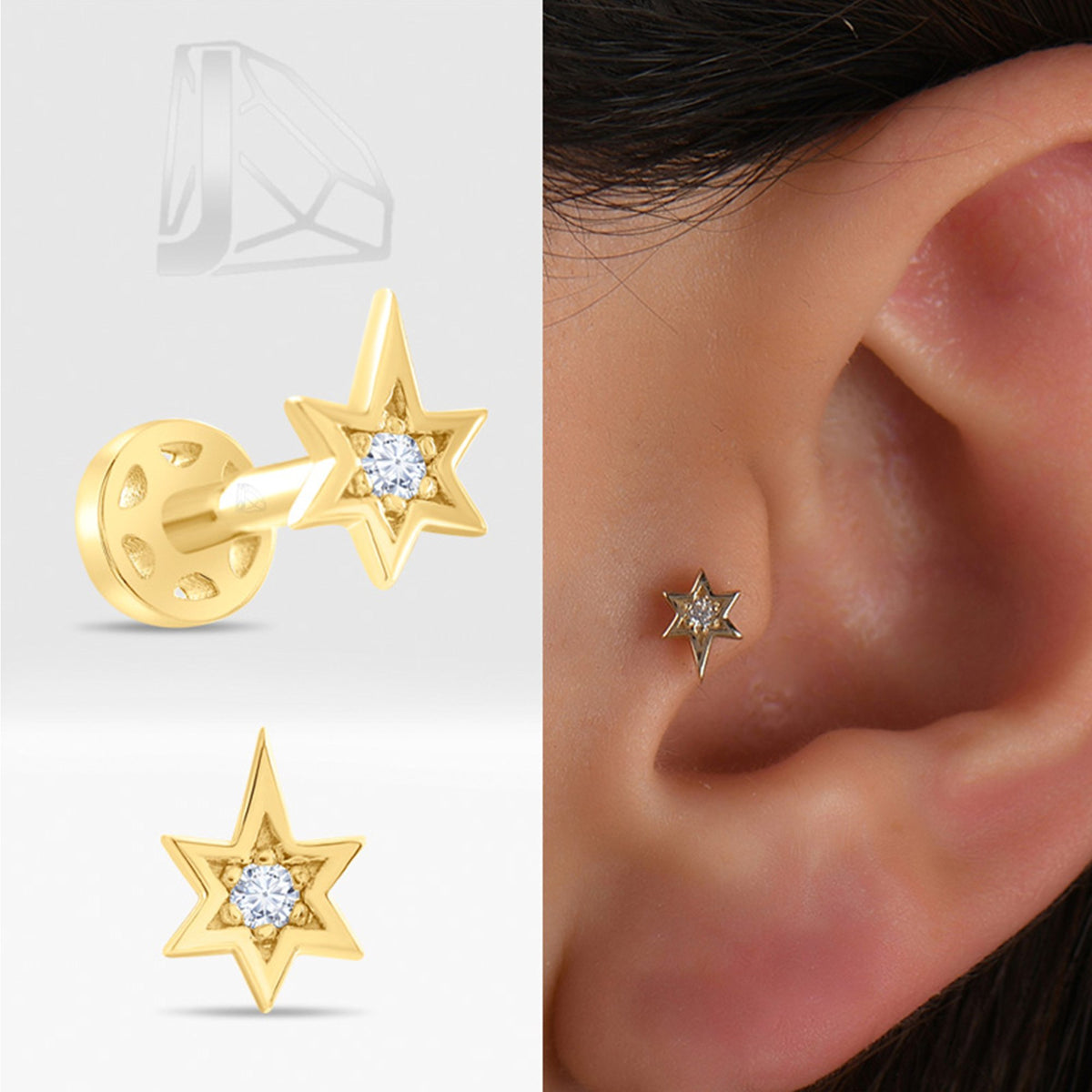 0,02 Karat Kuzey Yıldızı Pırlanta Piercing · Sarı Altın