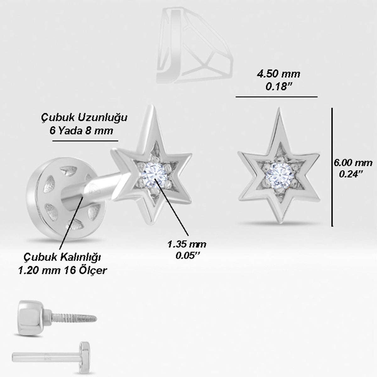 0,02 Karat Kuzey Yıldızı Pırlanta Piercing · Beyaz Altın