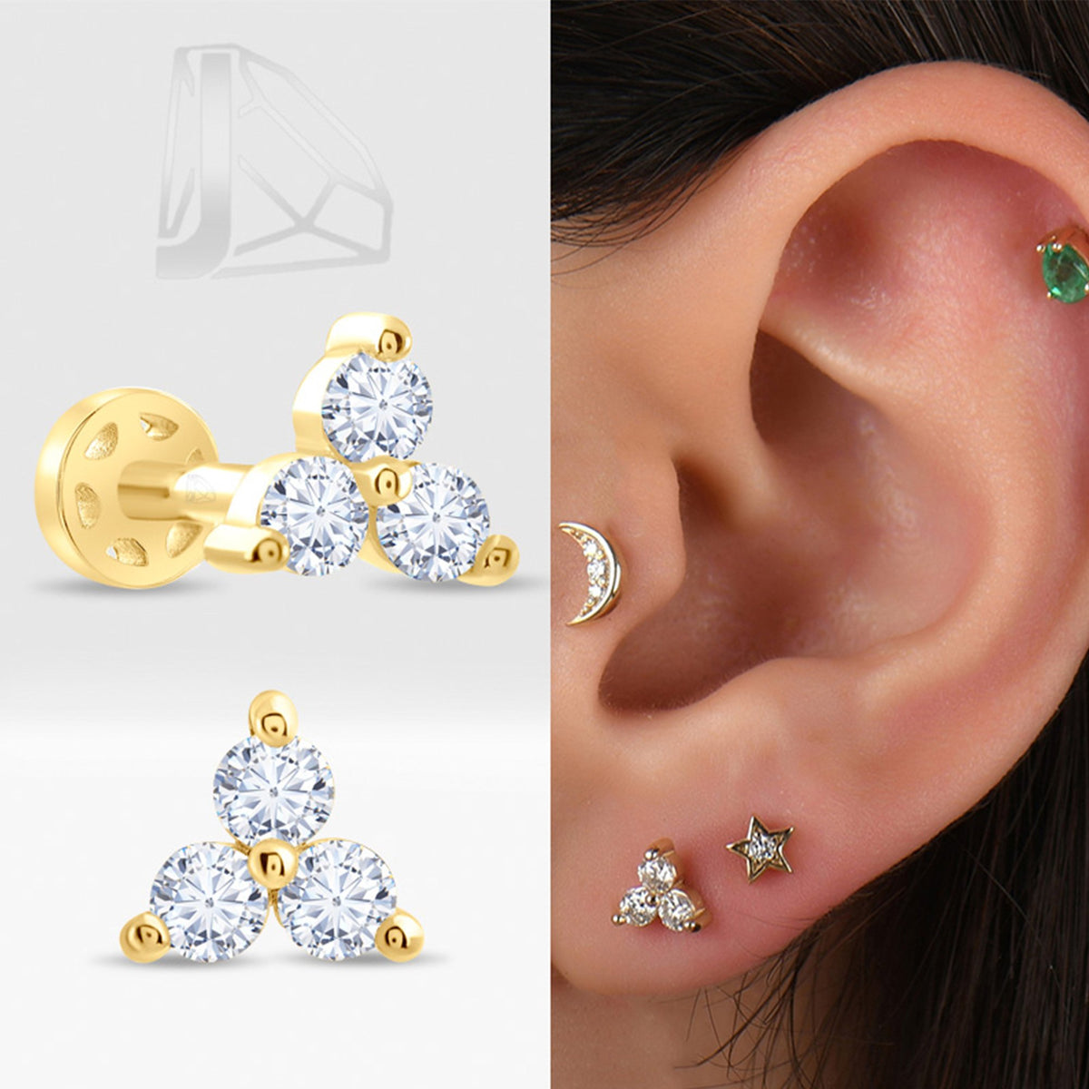 0,15 Karat Üçgen Pırlanta Piercing · Sarı Altın