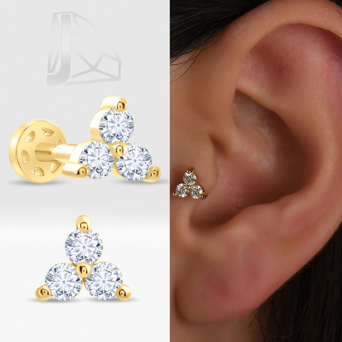 0,15 Karat Üçgen Pırlanta Piercing · Sarı Altın