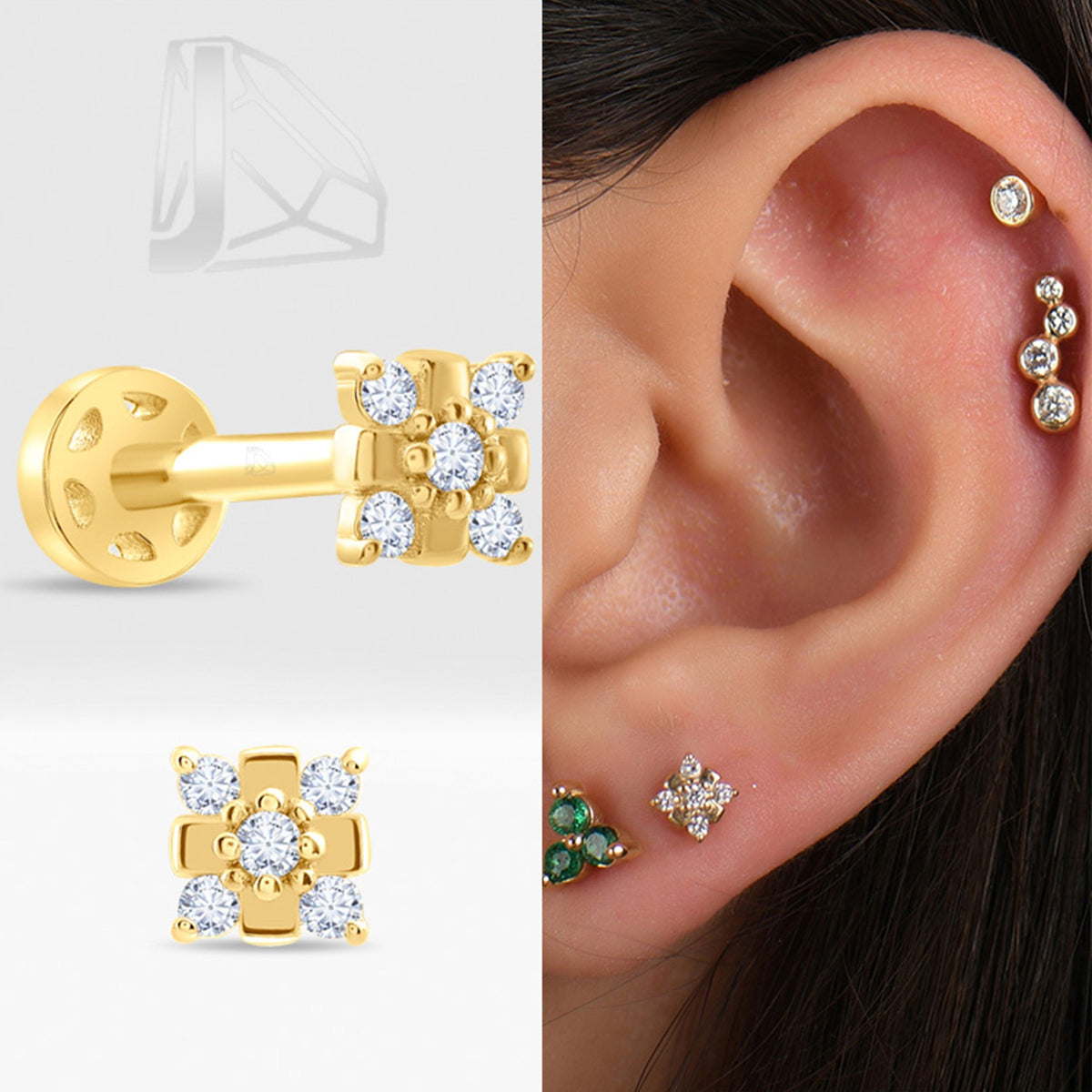 0,04 Karat Çiçek Pırlanta Piercing · Sarı Altın