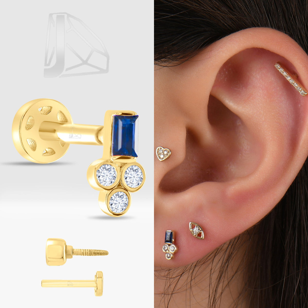 0,09 Karat Safir Baget Pırlanta Piercing · Sarı Altın