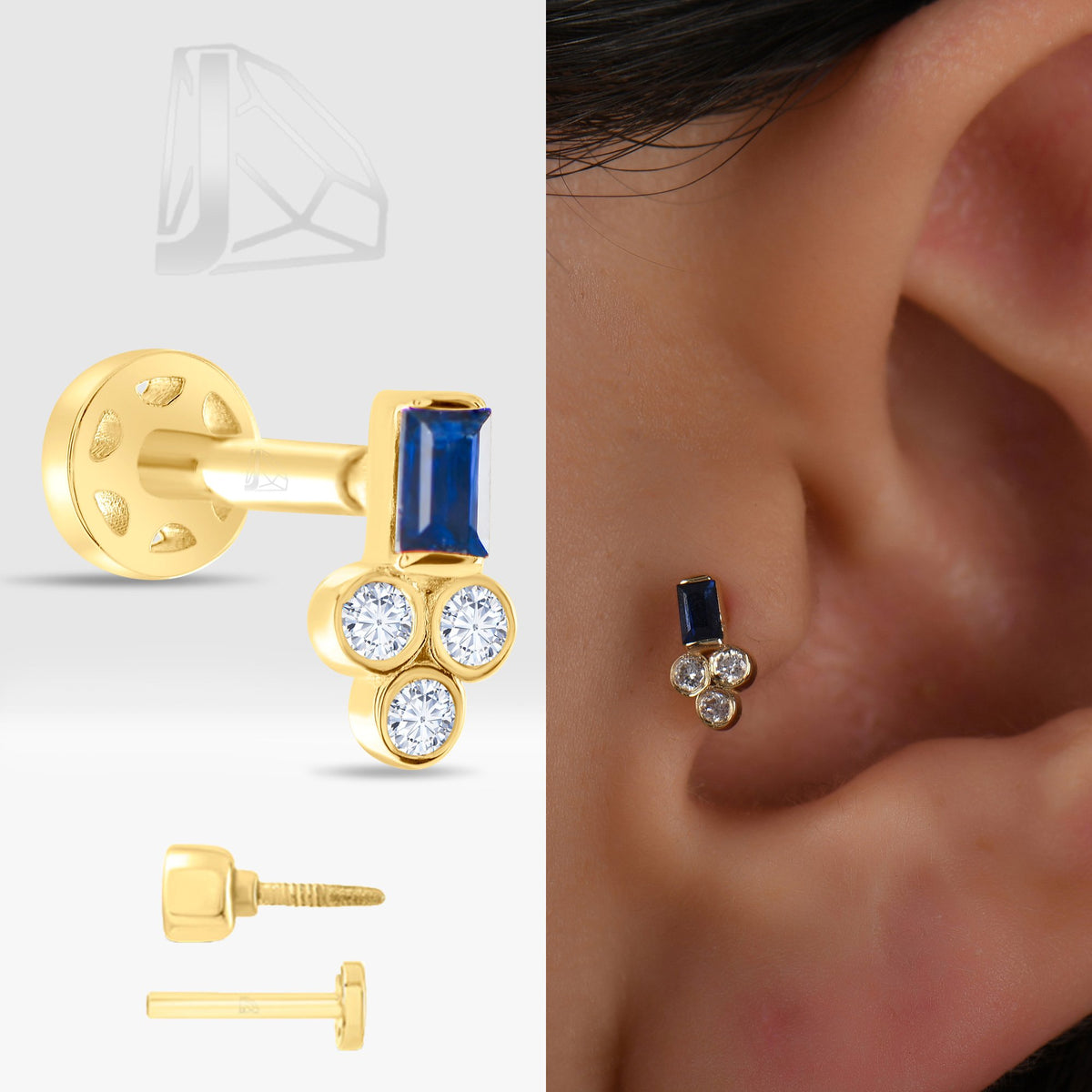 0,09 Karat Safir Baget Pırlanta Piercing · Sarı Altın
