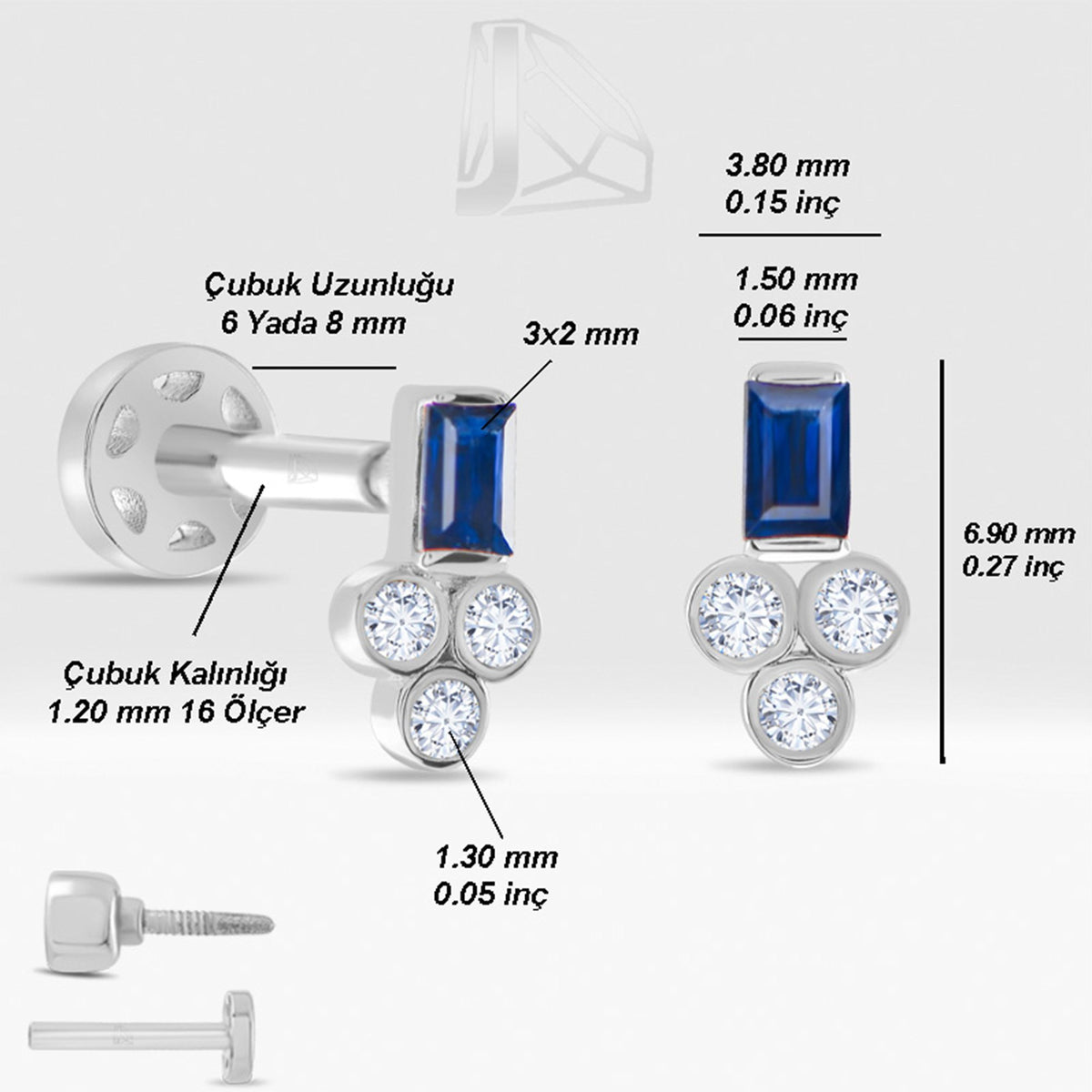 0,09 Karat Safir Baget Pırlanta Piercing · Beyaz Altın