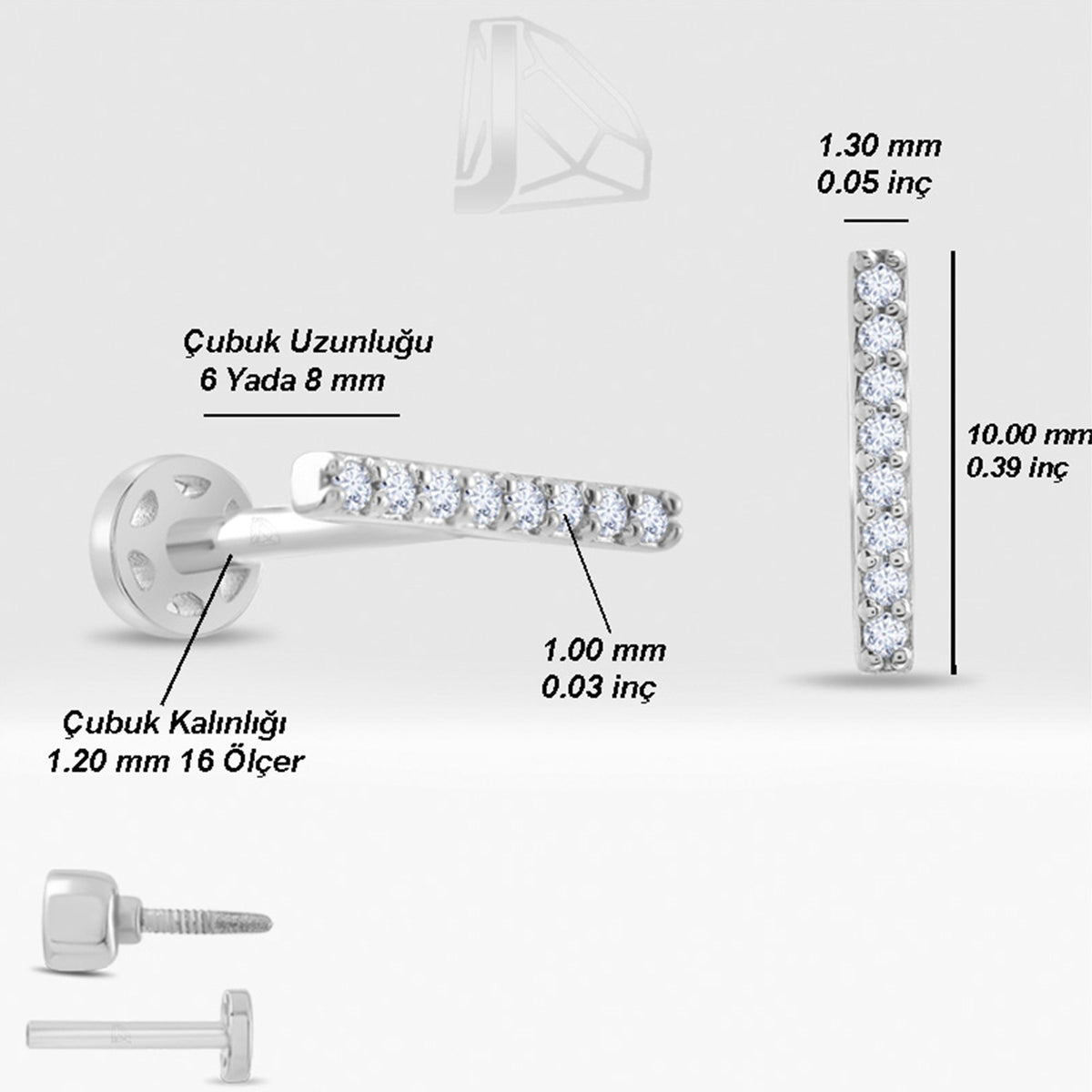 0,05 Karat Çubuk Pırlanta Piercing · Beyaz Altın